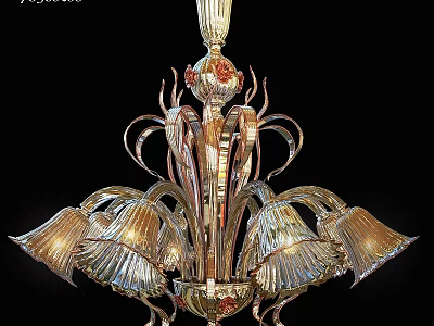 Ornate Glass Chandelier With Decorative Metal Frame And Petal Shaped Illuminated Shades 3d model
