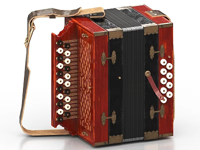 Vintage Red And Black Accordion With Metal Decorations Buttons And Leather Strap 3d model