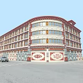 Traditional Style Multi Story Building Exterior With Red White Decor And Windows