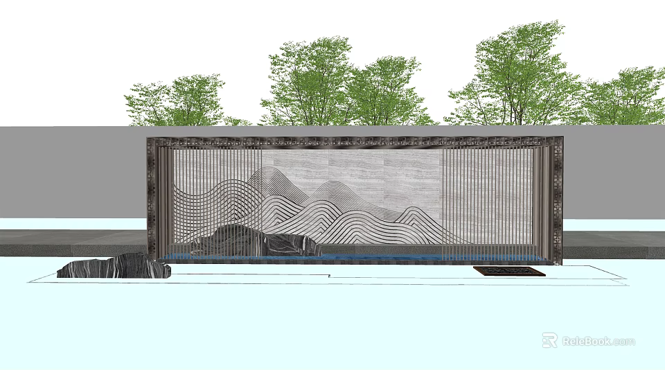 Modern Landscape Wall With Mountain Pattern Wave Texture And Green Trees 3d model