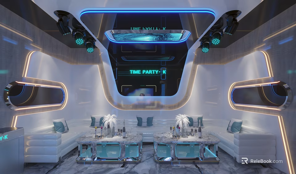 Modern KTV Interior Design With LED Lighting White Sofas And Party Screen 3d model 