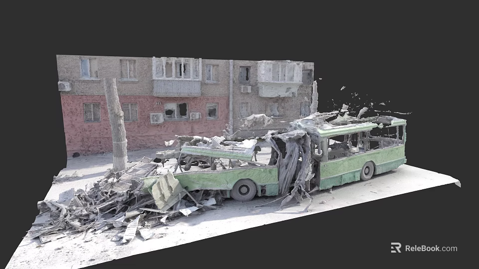 Damaged Green Tram Surrounded By Debris Near Collapsed Building In Urban Area 3d model 