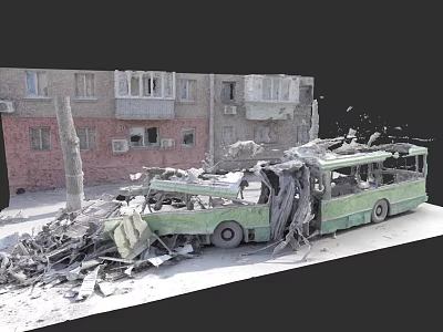 Damaged Green Tram Surrounded By Debris Near Collapsed Building In Urban Area 3d model