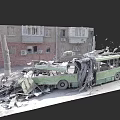 Damaged Green Tram Surrounded By Debris Near Collapsed Building In Urban Area