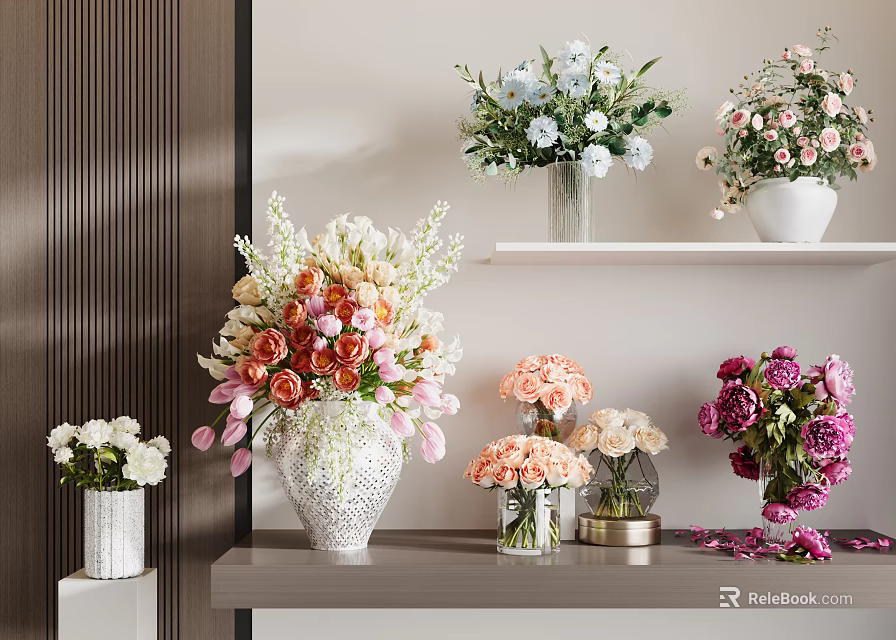 Colorful Flowers In Elegant Vases Displayed On Shelves And Table Top 3d model 