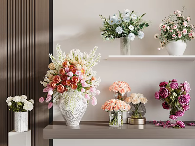 Colorful Flowers In Elegant Vases Displayed On Shelves And Table Top 3d model