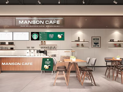 Manson Cafe Coffee Shop Interior With Counter Wooden Tables Chairs Menu Screens And Decorative Signs 3d model