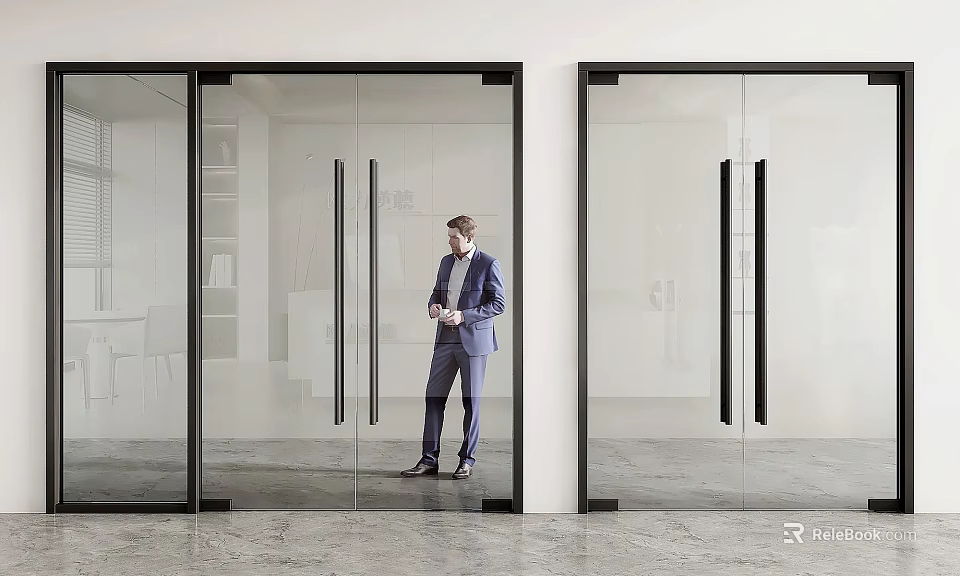Sleek Glass Double Doors With Black Frame In Modern Office Interior And Businessman Standing 3d model 