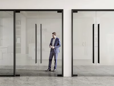 Sleek Glass Double Doors With Black Frame In Modern Office Interior And Businessman Standing 3d model