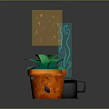Vibrant Green Leafy Plant in Orange Pot With Black Watering Can Blue Liquid And Sparkles