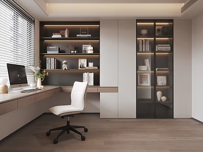 Modern Study Room Interior With L Shaped Desk White Chair And Glass Bookshelves 3d model