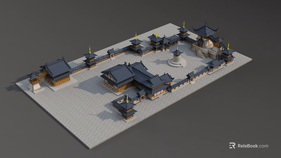 Ancient Chinese Architecture Complex Featuring Traditional Roofs Courtyard Layout And Golden Decorations 3d model 