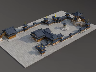 Ancient Chinese Architecture Complex Featuring Traditional Roofs Courtyard Layout And Golden Decorations 3d model