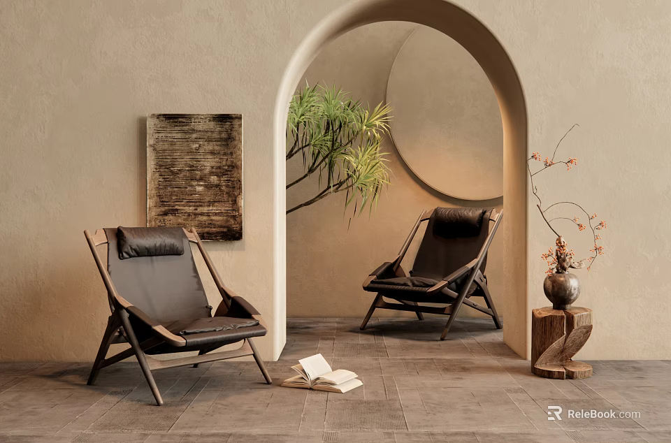Stylish Leather Leisure Chairs With Wooden Frame In Arched Doorway With Green Plant Decorative Painting 3d model 