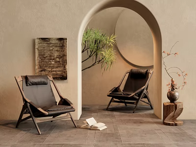 Stylish Leather Leisure Chairs With Wooden Frame In Arched Doorway With Green Plant Decorative Painting 3d model