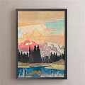 Two Framed Landscape Paintings With Sunset Rocky Shore Lake Mountains And Grassland Trees