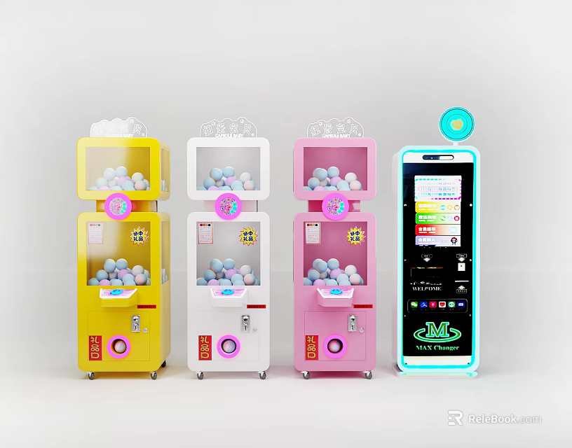 Colorful Toy Capsule Vending Machines With Yellow White Pink Blue And Digital Screen For Amusement 3d model 