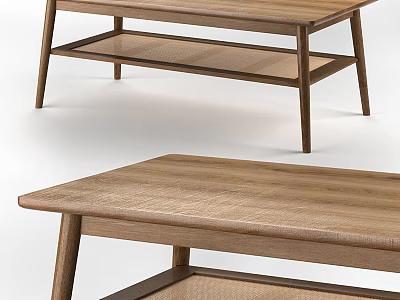 Modern Wooden Dining Table With Lower Rattan Shelf And Functional Stylish Design 3d model