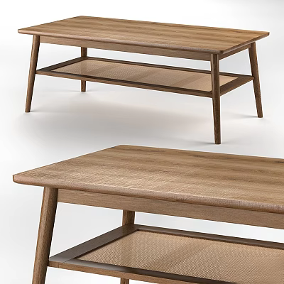 Modern Wooden Dining Table With Lower Rattan Shelf And Functional Stylish Design 3d model