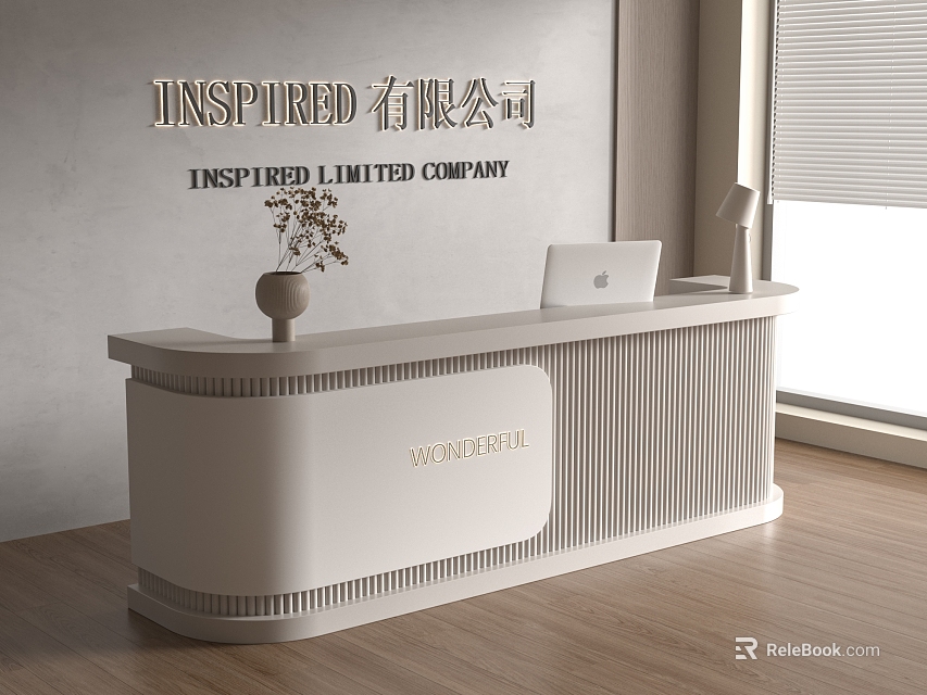 White Modern Reception Desk Of Inspired Company With Laptop Flower Vase And Grey Wall 3d model 