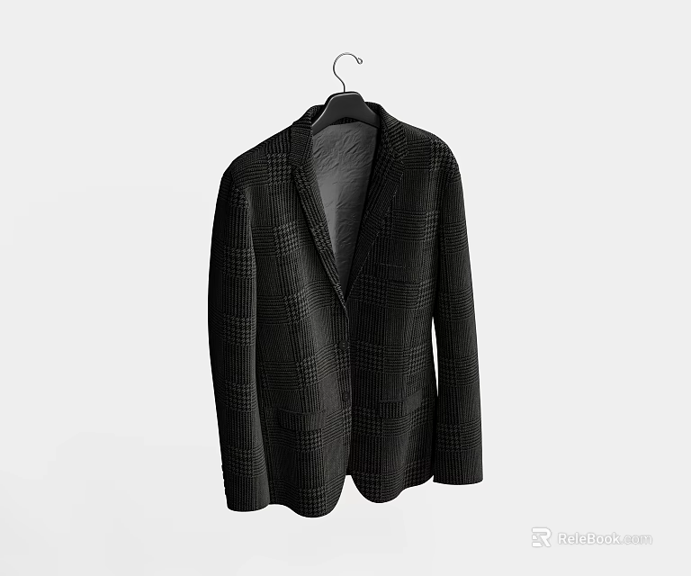 Elegant Black Plaid Suit Jacket Hanging On A Hanger With Classic Design 3d model 