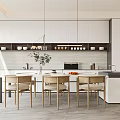 Modern Restaurant Interior With Wooden Dining Table Chairs Hanging Lights And White Cabinets