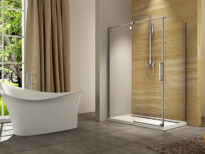 Modern Shower Sauna Design With Glass Enclosure Wooden Walls Bathtub And Natural Light 3d model
