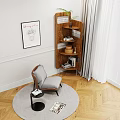 Modern Accent Chair With Round Rug Small Side Table Wooden Shelf And Wall Art