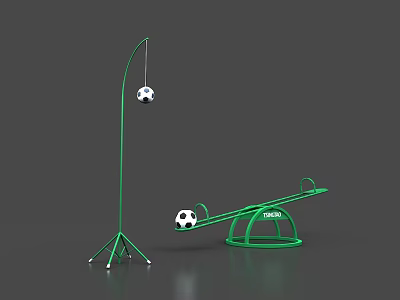 Green Metal Outdoor Playground Swing And Seesaw With Soccer Balls 3d model
