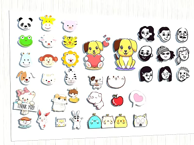 Various Cute Colorful Cartoon Animal Character Stickers For Playful Wall Decor 3d model