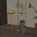 Stylish Garden Decor Featuring Golden Plant Stand Colorful Flower Pots And Green Plants