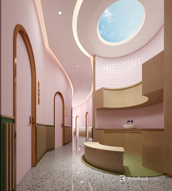 Modern Elevator Hallway With Pink Walls Arched Doors Skylight And Wooden Decor 3d model 