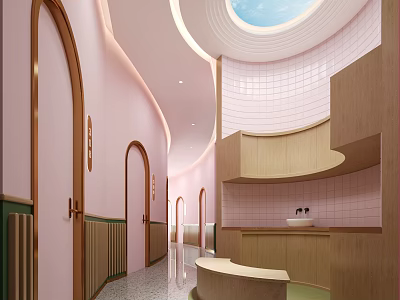 Modern Elevator Hallway With Pink Walls Arched Doors Skylight And Wooden Decor 3d model