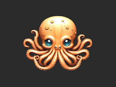 Detailed Golden Octopus Sculpture With Blue Eyes And Curled Tentacles Design 3d model