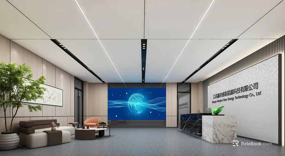 Modern Corporate Lobby With Marble Reception Desk Blue Screen Sofa And Green Plants 3d model 