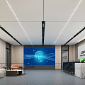 Modern Corporate Lobby With Marble Reception Desk Blue Screen Sofa And Green Plants