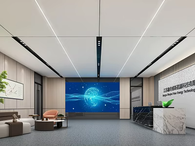 Modern Corporate Lobby With Marble Reception Desk Blue Screen Sofa And Green Plants 3d model