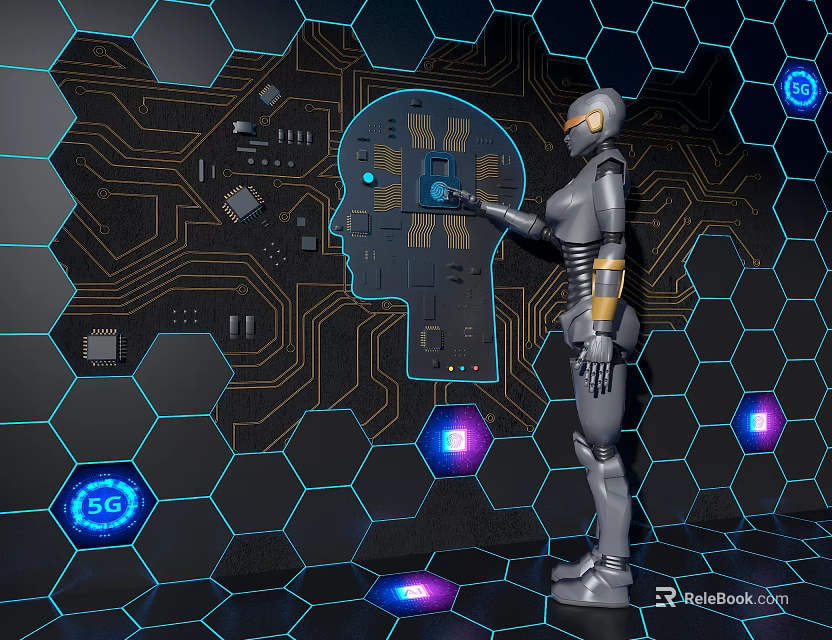 Robot Interacting With Digital Head Outline On Hexagonal Circuit Board Background With 5G Symbols 3d model 