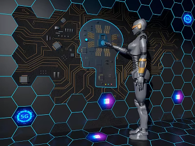 Robot Interacting With Digital Head Outline On Hexagonal Circuit Board Background With 5G Symbols 3d model