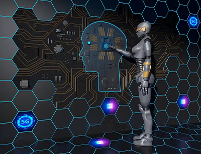 Robot Interacting With Digital Head Outline On Hexagonal Circuit Board Background With 5G Symbols 3d model