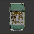 Light Green Vintage Car With Round Shape Yellow Headlights And Brown Seats