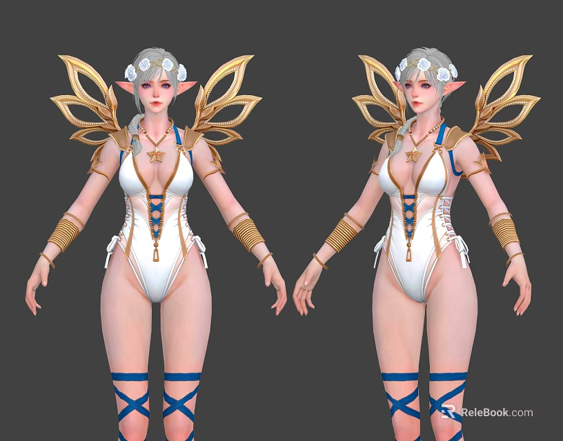 Elf Character With Silver Hair White Bodysuit Gold Wings And Blue Straps 3d model 
