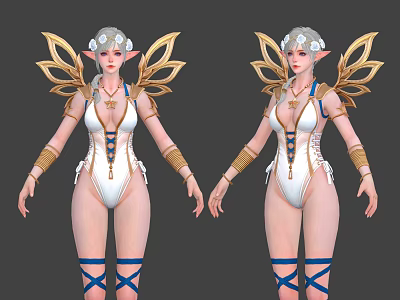 Elf Character With Silver Hair White Bodysuit Gold Wings And Blue Straps 3d model