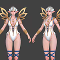Elf Character With Silver Hair White Bodysuit Gold Wings And Blue Straps