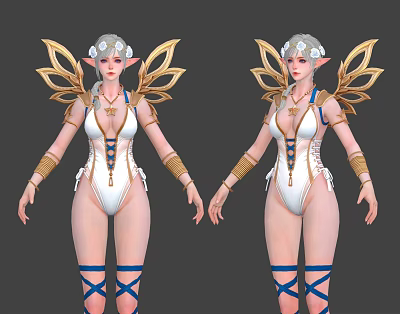 Elf Character With Silver Hair White Bodysuit Gold Wings And Blue Straps 3d model