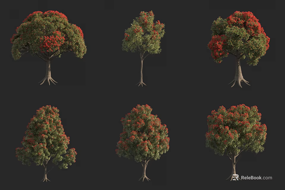 Arbor Trees With Different Forms Red Flowers Green Leaves Trunks And Roots 3d model