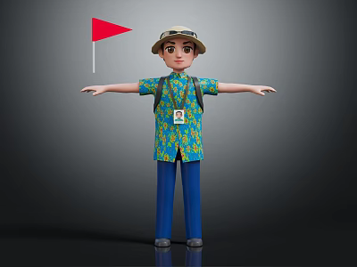 Adventurous Explorer Character In Floral Shirt With Backpack And Red Flag Arms Outstretched 3d model