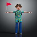 Adventurous Explorer Character In Floral Shirt With Backpack And Red Flag Arms Outstretched