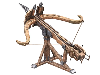Traditional Medieval Siege Weapon With Wooden Stand And Metal Launch Mechanism 3d model