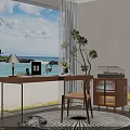 Home Office Interior With Ocean View Large Window Wooden Desk Laptop Green Plants